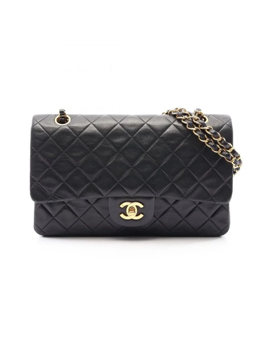 Chanel Shoulder Bag Quilted Double Flap Black Lambskin Chain